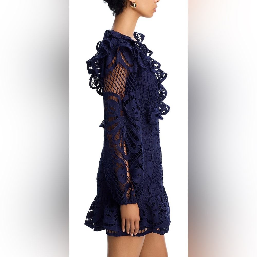 AQUA Lace V Neck Long Sleeve Ruffle Mini Dress - Picture 5 of 6
